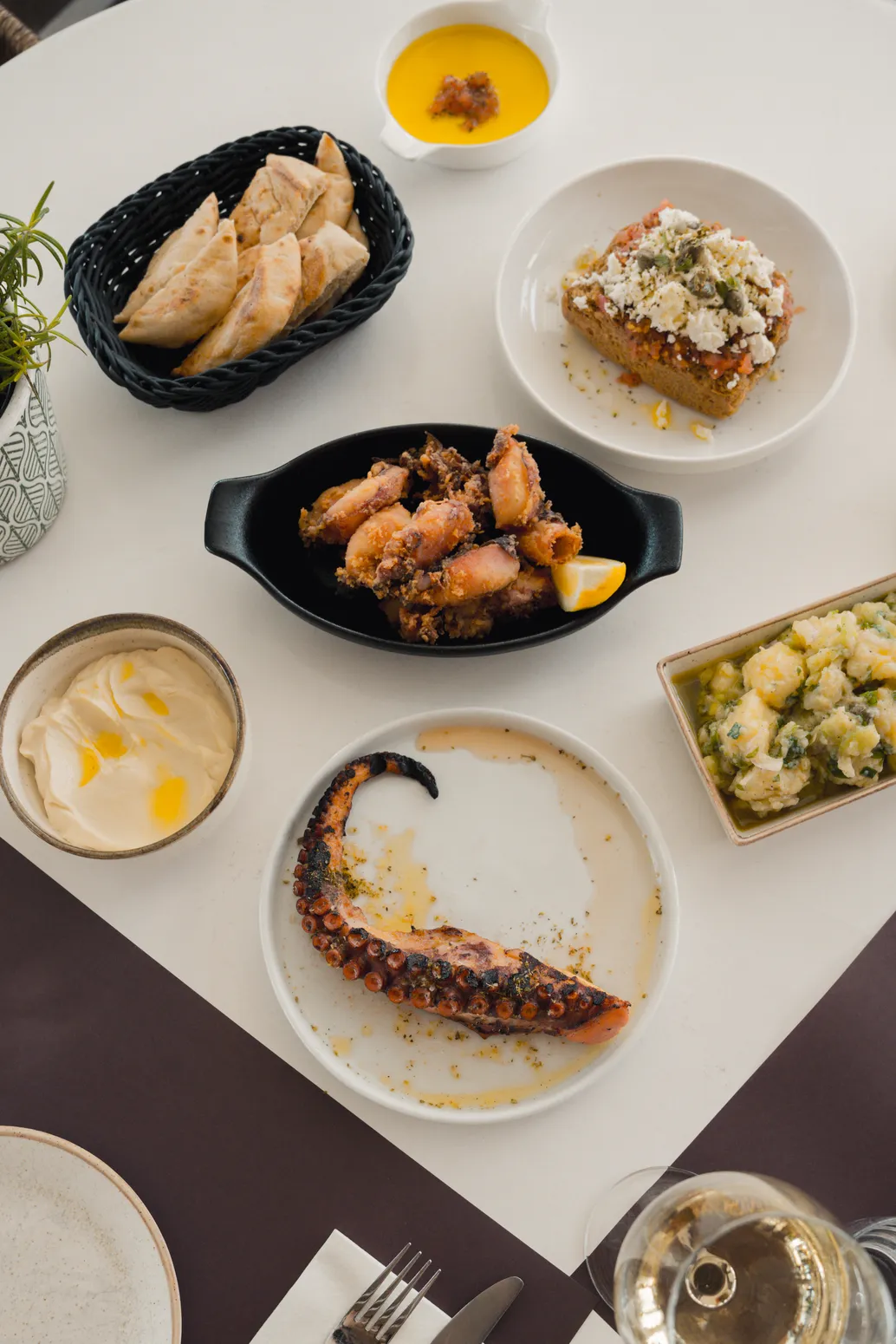 Kadena menu — mezze spread with octopus, dakos and dips
